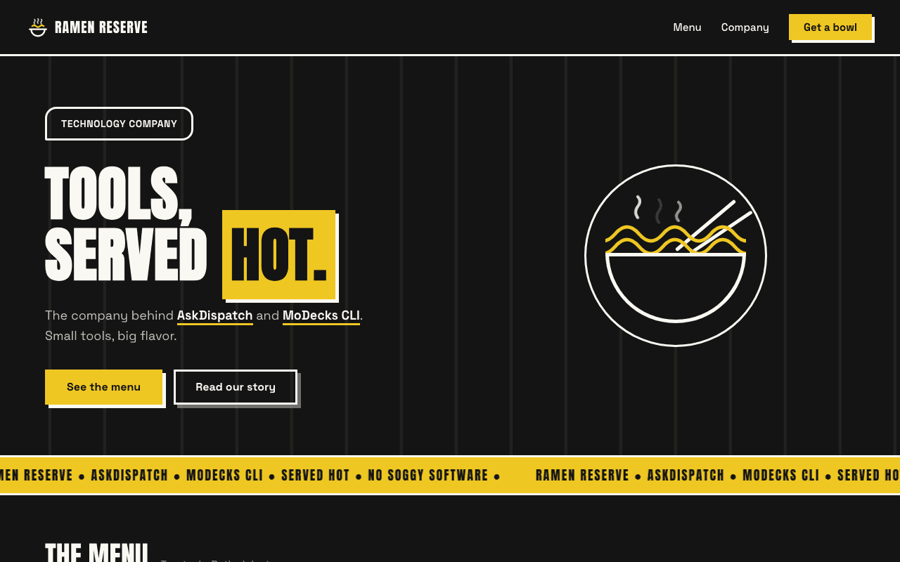 The Ramen Reserve hero: a Technology Company badge over "Tools, served hot." and the ramen-bowl mark.