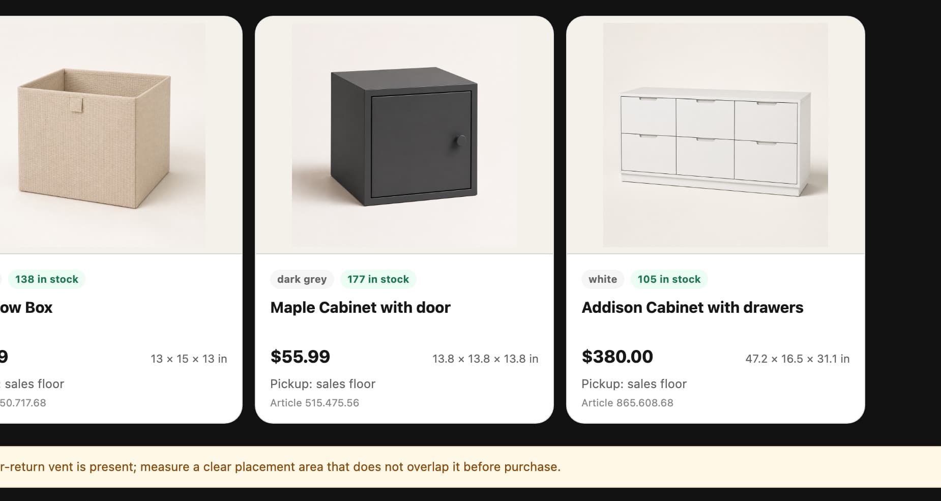 WhyKEA MCP widget output: three verified furniture recommendation cards with prices, stock, and a measurement warning